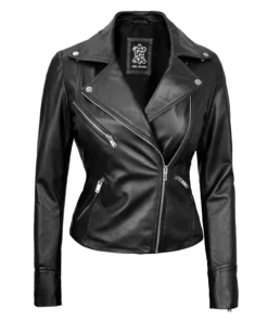 Women's Black Asymmetrical Real Leather Moto Jacket Zipper