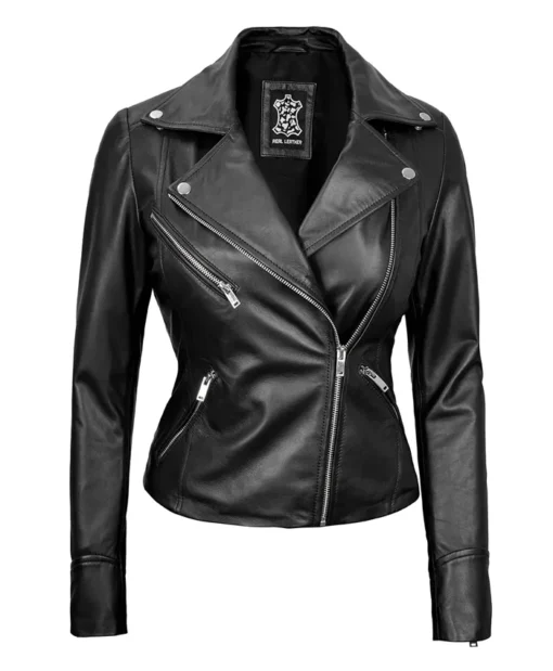 Women's Black Asymmetrical Real Leather Moto Jacket Zipper