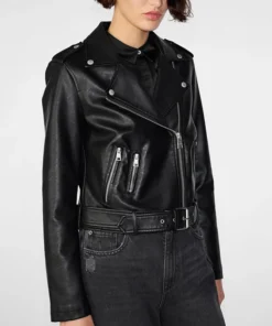 Womens Black Leather Biker Jacket Asymmetrical Collar