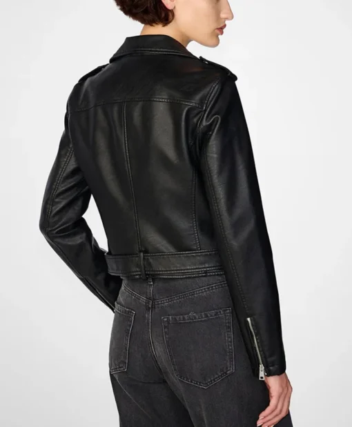 Womens Black Leather Biker Jacket Asymmetrical Collar Back