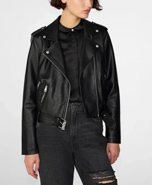 Womens Black Leather Biker Jacket Asymmetrical Collar Main