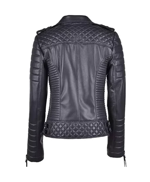 Women's Black Leather Biker Jacket With Quilted Shoulder Back