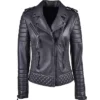 Women's Black Leather Biker Jacket With Quilted Shoulder mAIN