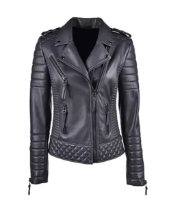 Women's Black Leather Biker Jacket With Quilted Shoulder mAIN