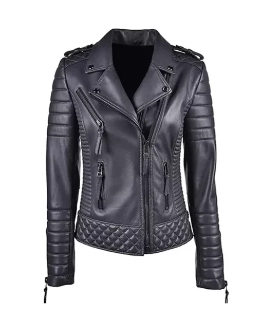 Women's Black Leather Biker Jacket With Quilted Shoulder mAIN