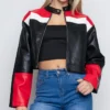 Women's Black Red And White Striped Leather Jacket Main