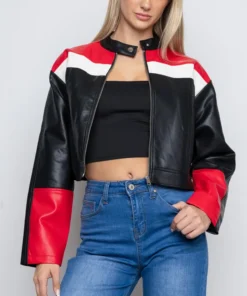 Women's Black Red And White Striped Leather Jacket Main