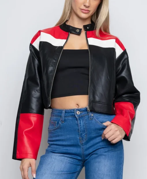 Women's Black Red And White Striped Leather Jacket Main