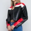 Women's Black Red And White Striped Leather Jacket Side