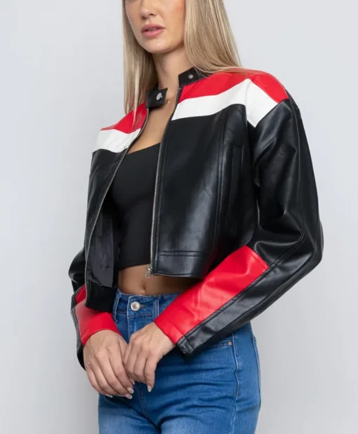 Women's Black Red And White Striped Leather Jacket Side