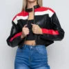 Women's Black Red And White Striped Leather Jacket Zipper