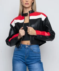 Women's Black Red And White Striped Leather Jacket Zipper