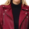 Womens Motorcycle Dark Red Leather Biker Jacket Collar