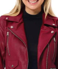 Womens Motorcycle Dark Red Leather Biker Jacket Collar