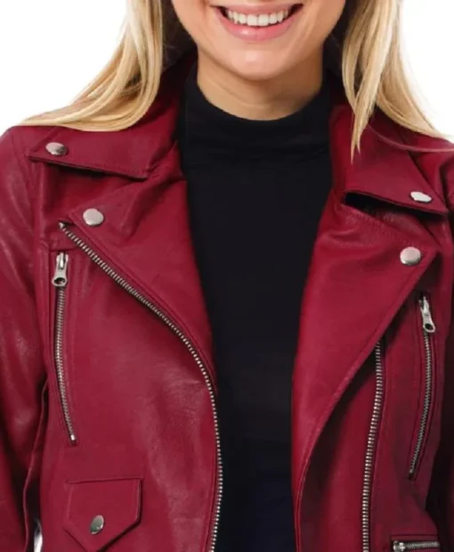 Womens Motorcycle Dark Red Leather Biker Jacket Collar