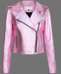 Women's Pink Metallic Leather Jacket With Motorcycle Jacket