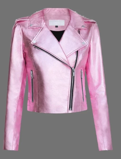 Women's Pink Metallic Leather Jacket With Motorcycle Jacket