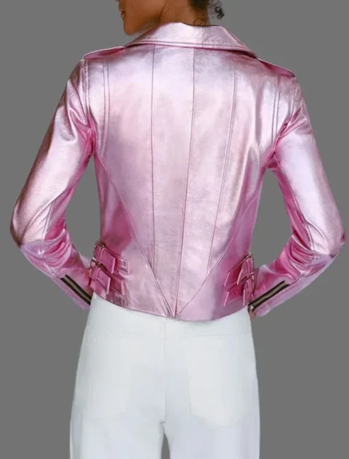 Women's Pink Metallic Leather Jacket With Motorcycle Jacket Back