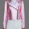 Women's Pink Metallic Leather Jacket With Motorcycle Jacket Front