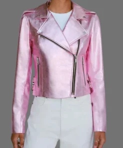 Women's Pink Metallic Leather Jacket With Motorcycle Jacket Front