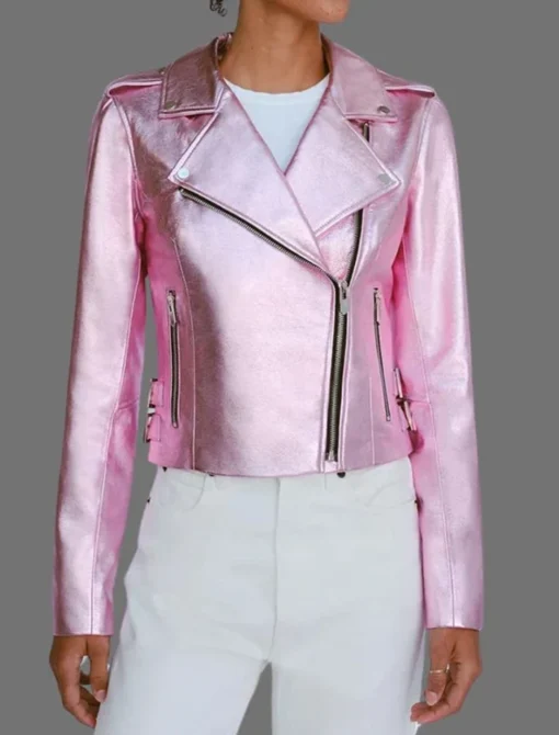 Women's Pink Metallic Leather Jacket With Motorcycle Jacket Front