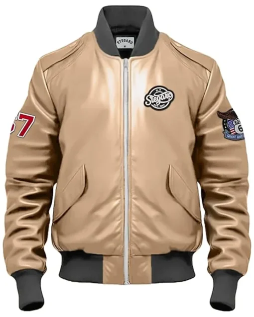 ken sander Beige Bomber Stegaro Leather Jacket