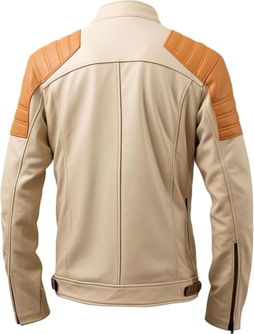 mens beige leather jacket Café Racer Vintage-Inspired Moto Jacket with Brown Accents and Slim Fit Design Back