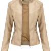 women's beige leather jacket motorcycle stylish spring lightweight Stylish Motor Biker With Zipper