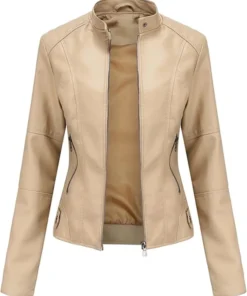 women's beige leather jacket motorcycle stylish spring lightweight Stylish Motor Biker With Zipper