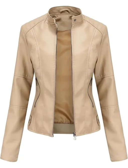 women's beige leather jacket motorcycle stylish spring lightweight Stylish Motor Biker With Zipper