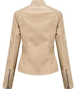 women's beige leather jacket motorcycle stylish spring lightweight Stylish Motor Biker With Zipper Back