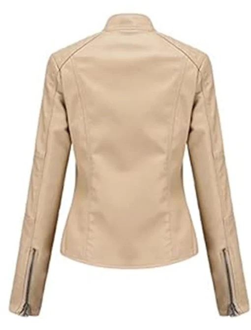 women's beige leather jacket motorcycle stylish spring lightweight Stylish Motor Biker With Zipper Back