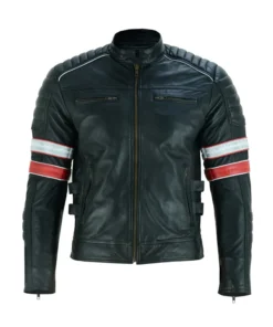 Black Cafe Racer Striped Leather Jacket Motorcycle Main