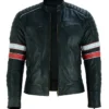 Black Cafe Racer Striped Leather Jacket Motorcycle Zipper