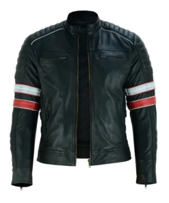 Black Cafe Racer Striped Leather Jacket Motorcycle Zipper