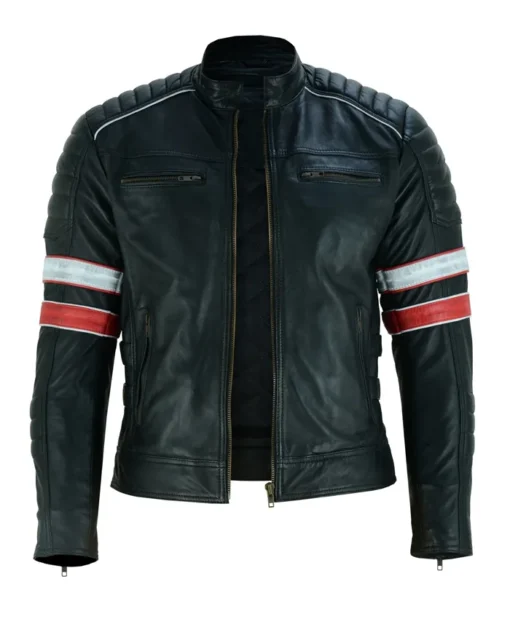 Black Cafe Racer Striped Leather Jacket Motorcycle Zipper