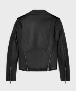 Black Leather Biker Jacket For Mens With Asymmetrical Collar Back