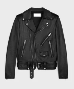 Black Leather Biker Jacket For Mens With Asymmetrical Collar Main