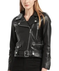 Black Leather Biker Jacket With Belted Women's Main