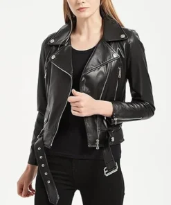 Black Leather Biker Jacket With Belted Women's Zipper