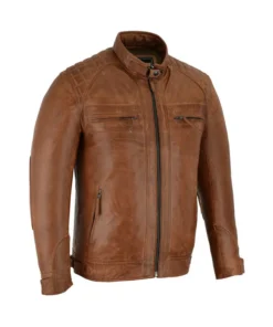 Brown Cafe Racer Leather Jacket For Mens Side