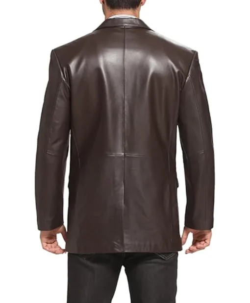 Classic Brown Leather Notch Lapel Blazer For Mens Back