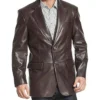 Classic Brown Leather Notch Lapel Blazer For Mens Buttoned