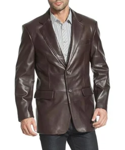 Classic Brown Leather Notch Lapel Blazer For Mens Buttoned