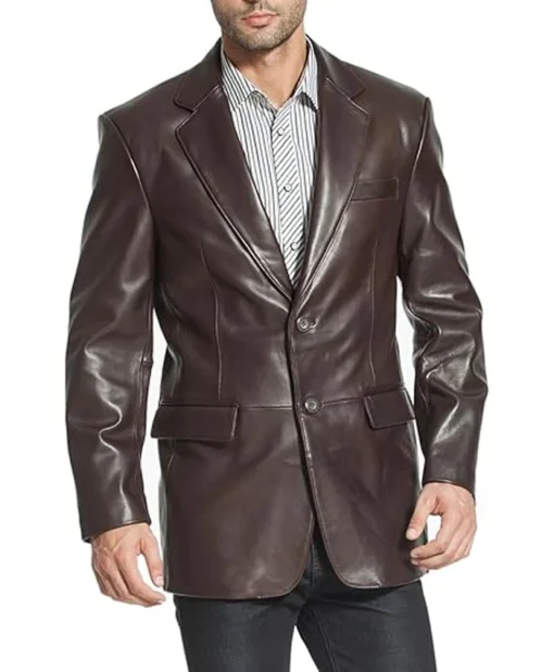 Classic Brown Leather Notch Lapel Blazer For Mens Buttoned