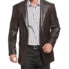 Classic Brown Leather Notch Lapel Blazer For Mens Main