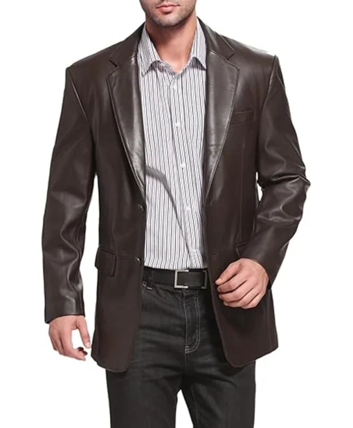 Classic Brown Leather Notch Lapel Blazer For Mens Main