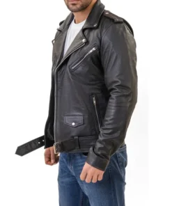 Classic Mens Black Premium Leather Motorcycle Jacket Side