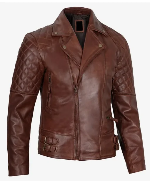 Cognac Men's Motorcycle Leather Biker Jacket Side