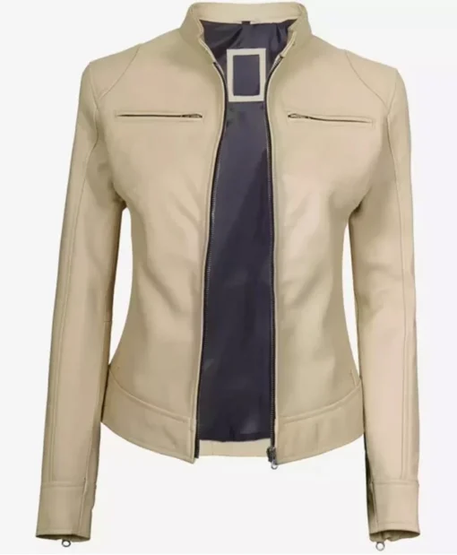 Dodge Beige Women’s Cafe Racer Leather Jacket Inner